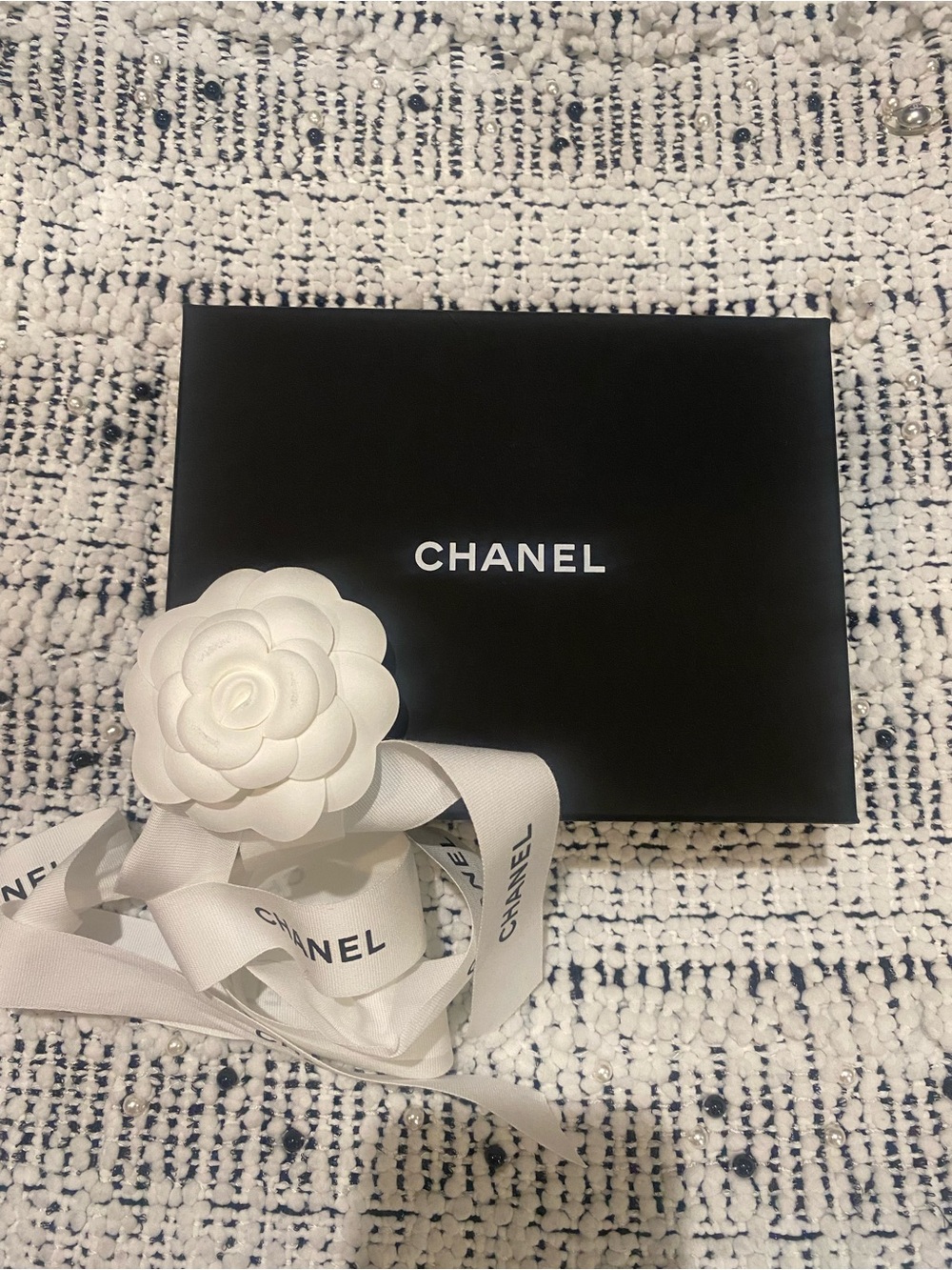 Chanel Gift Box with Ribbon and Camellia 7”x .5.5”